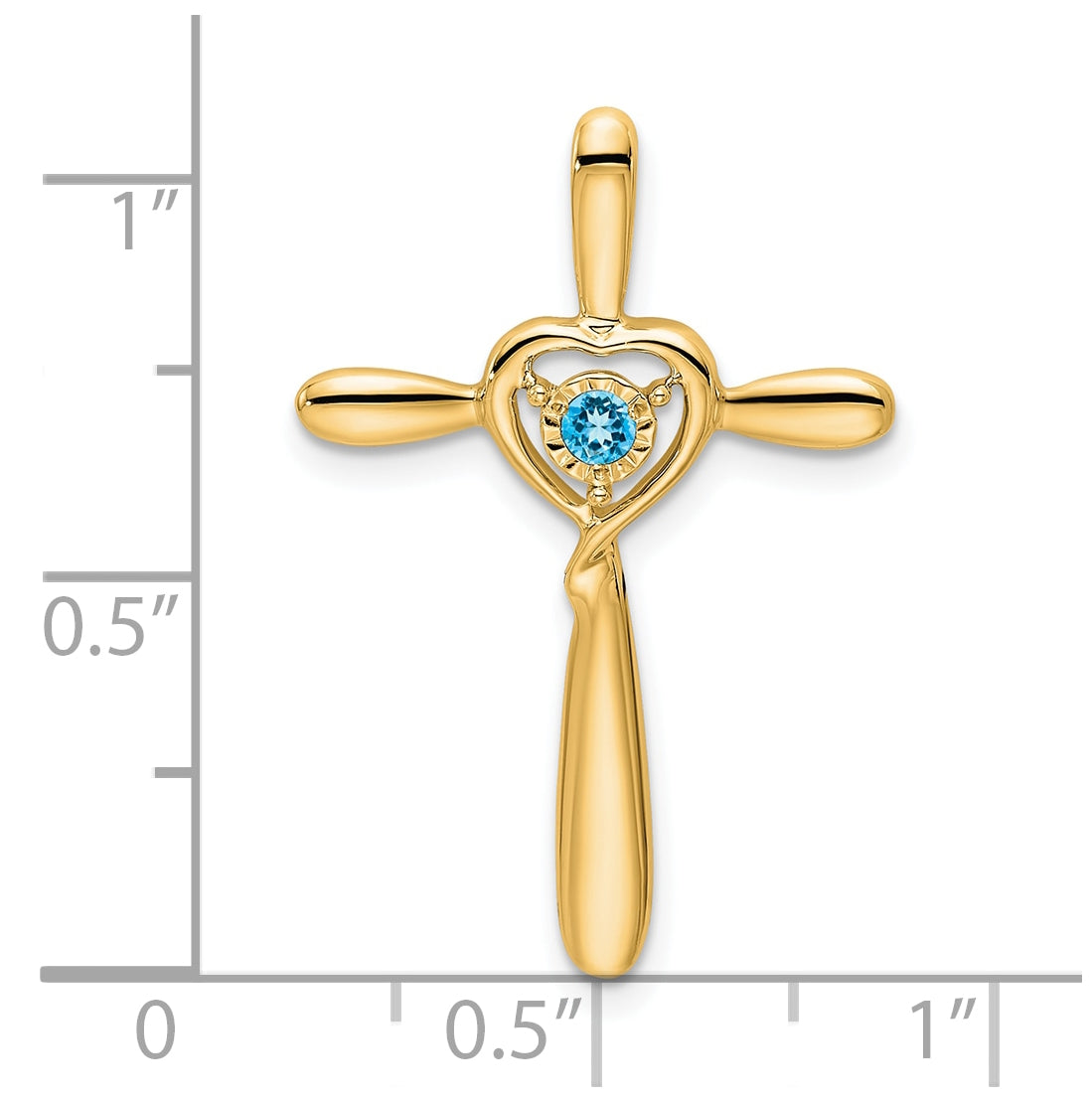 14K Yellow Gold Blue Topaz Cross w/Heart Chain Slide