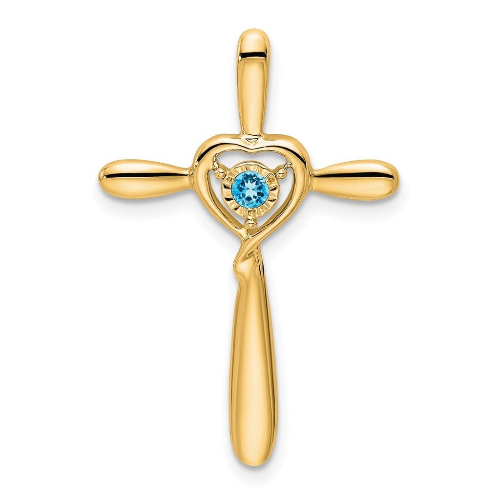 14K Yellow Gold Blue Topaz Cross w/Heart Chain Slide