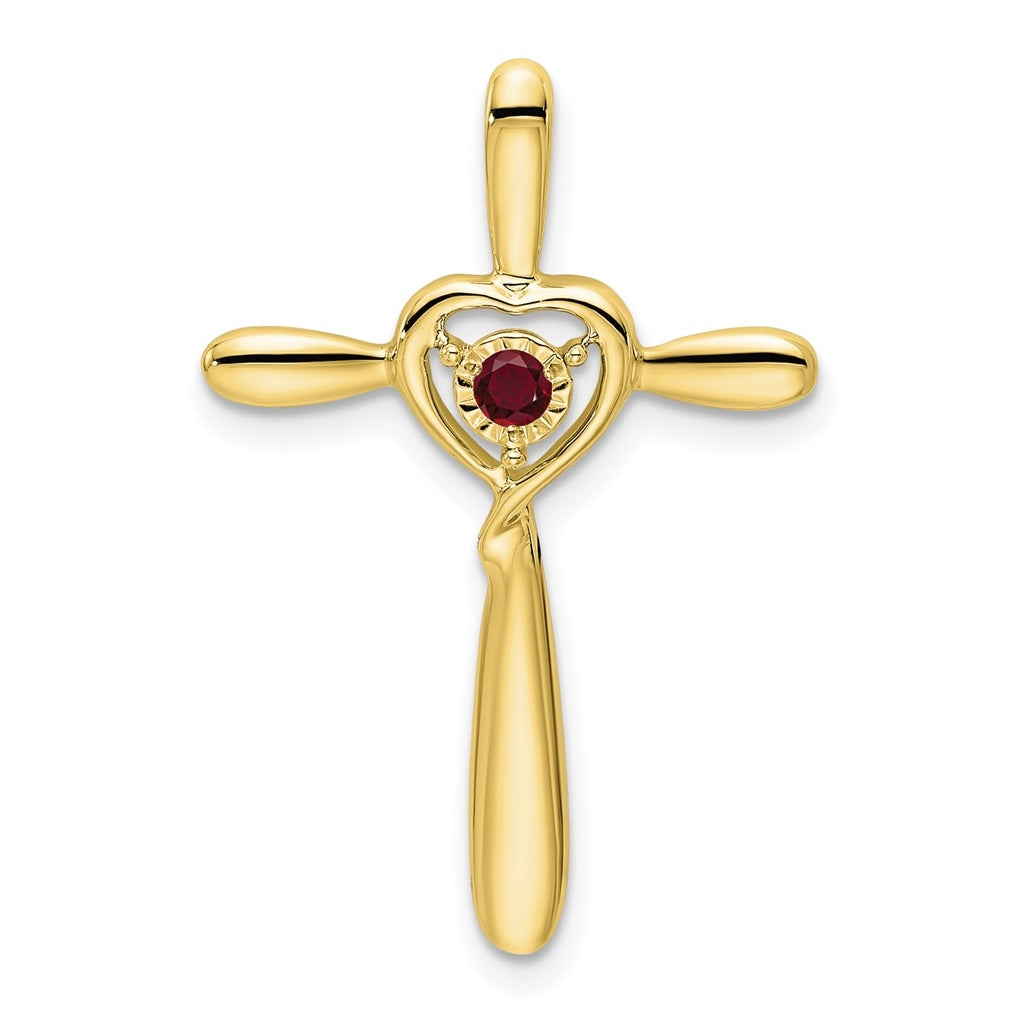 10K Yellow Gold Created Ruby Cross w/Heart Chain Slide