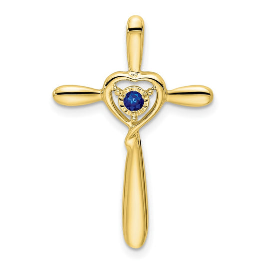 10K Yellow Gold Created Sapphire Cross w/Heart Chain Slide
