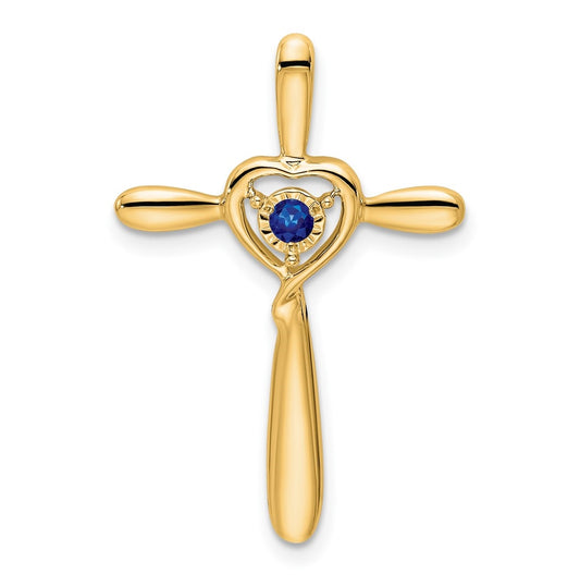 14K Yellow Gold Created Sapphire Cross w/Heart Chain Slide
