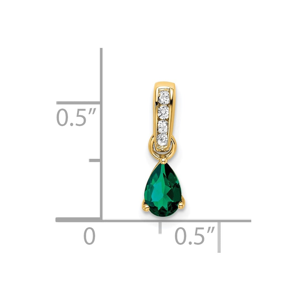 10k Yellow Gold Pear Created Emerald and Diamond Pendant