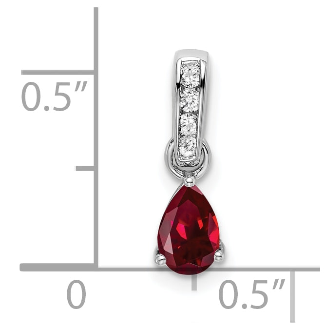 10k White Gold Pear Created Ruby and Diamond Pendant