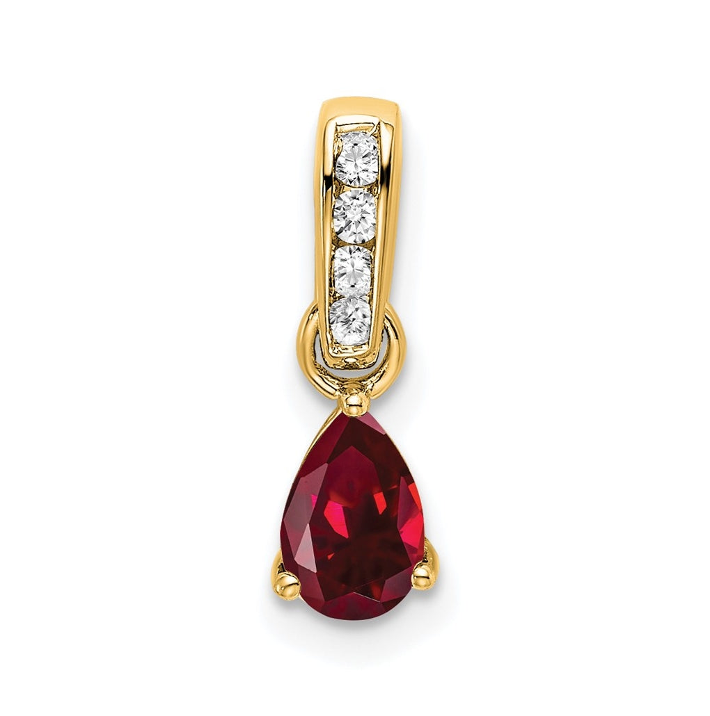 10k Yellow Gold Pear Created Ruby and Diamond Pendant