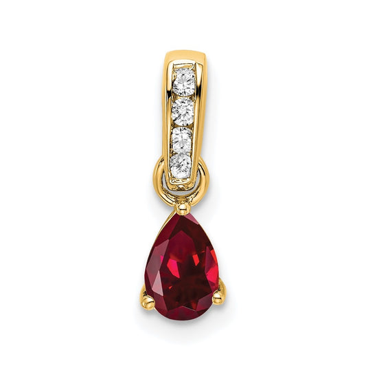 14K Yellow Gold Pear Created Ruby and Diamond Pendant