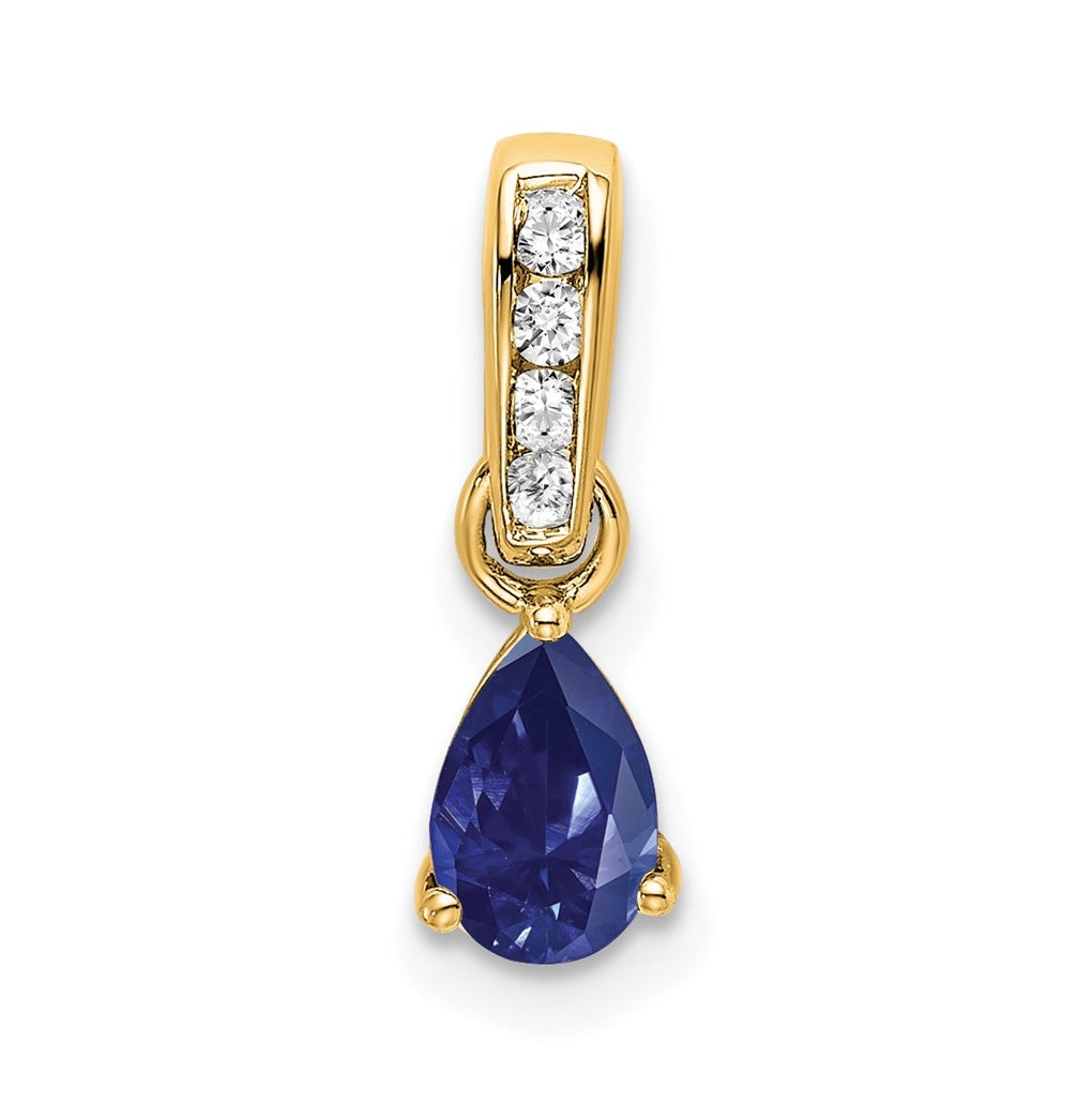 14K Yellow Gold Pear Created Sapphire and Diamond Pendant