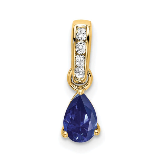 14K Yellow Gold Pear Created Sapphire and Diamond Pendant