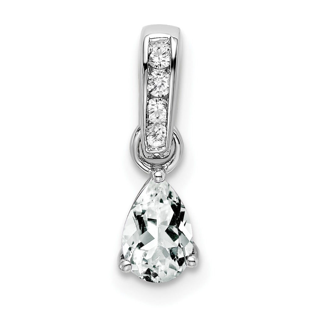 14K White Gold Pear White Topaz and Diamond Pendant