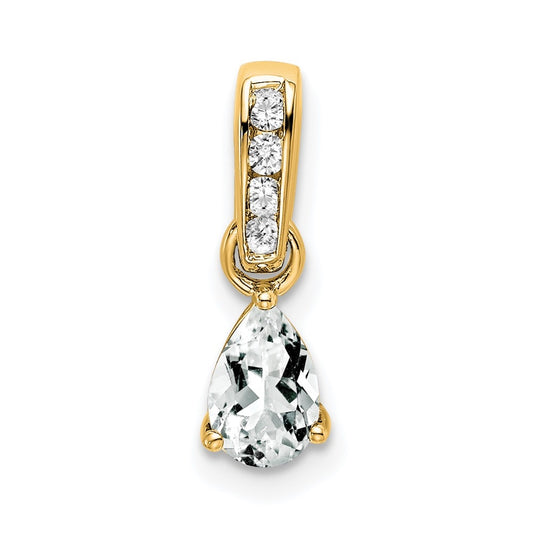 14K Yellow Gold Pear White Topaz and Diamond Pendant