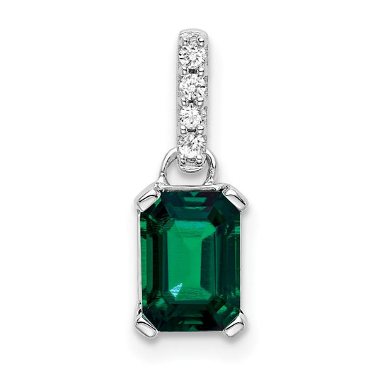 10k White Gold Created Emerald & Diamond Pendant