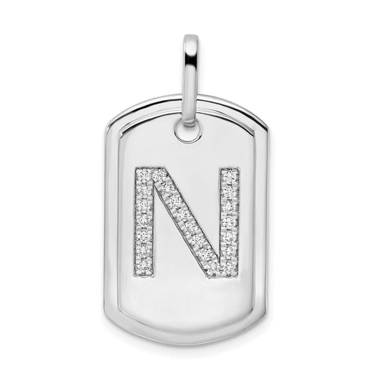 14K White Gold  Diamond Initial N Dog Tag Charm