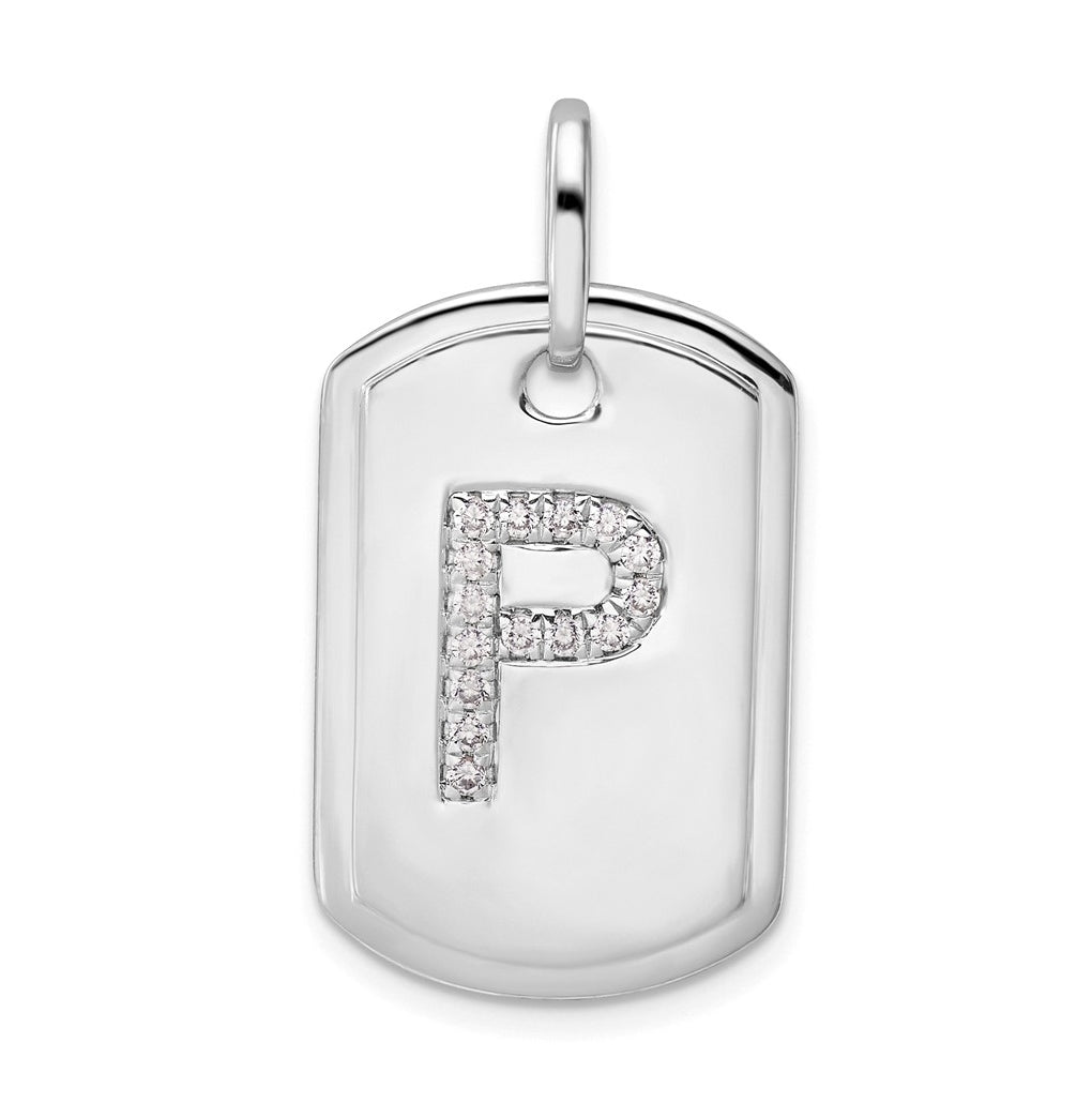 14K White Gold  Diamond Initial P Dog Tag Charm