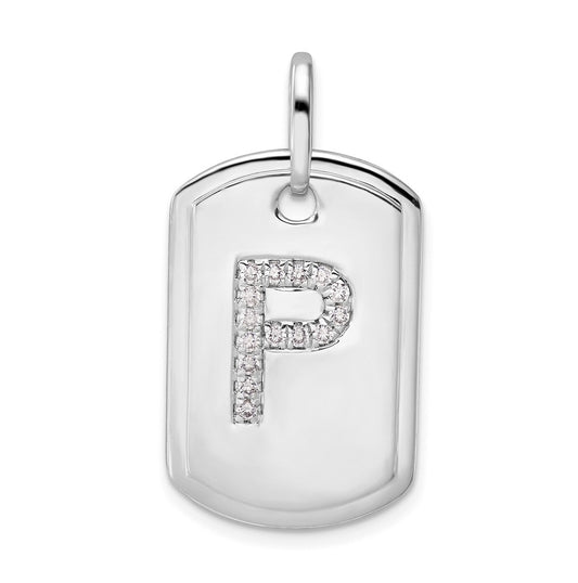 14K White Gold  Diamond Initial P Dog Tag Charm