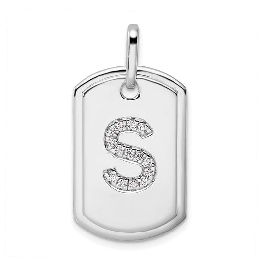 14K White Gold  Diamond Initial S Dog Tag Charm