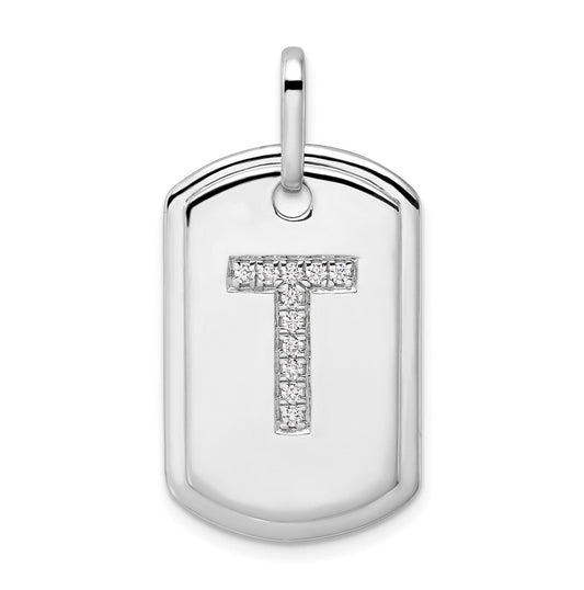 14K White Gold  Diamond Initial T Dog Tag Charm