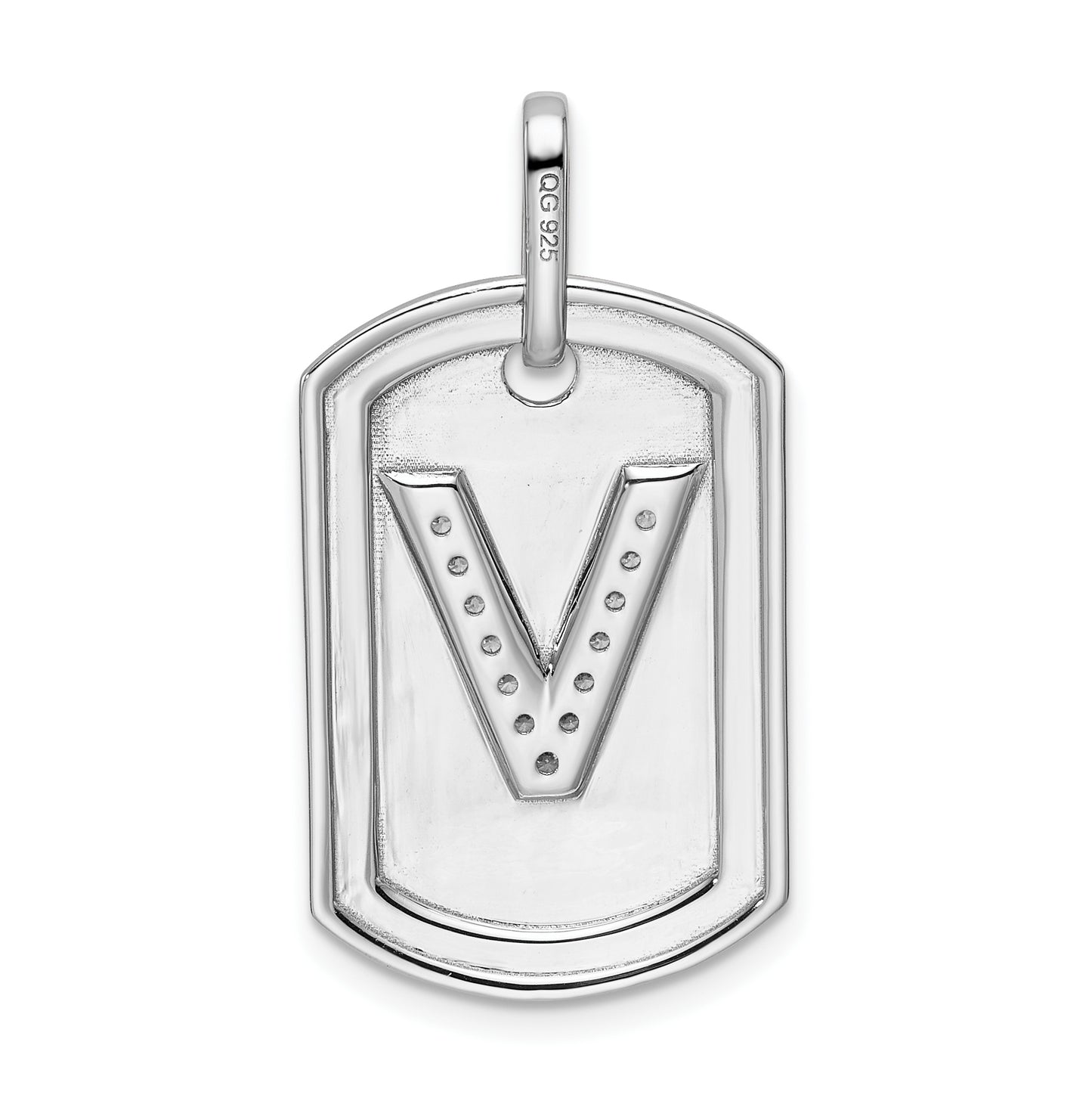 14K White Gold  Diamond Initial V Dog Tag Charm
