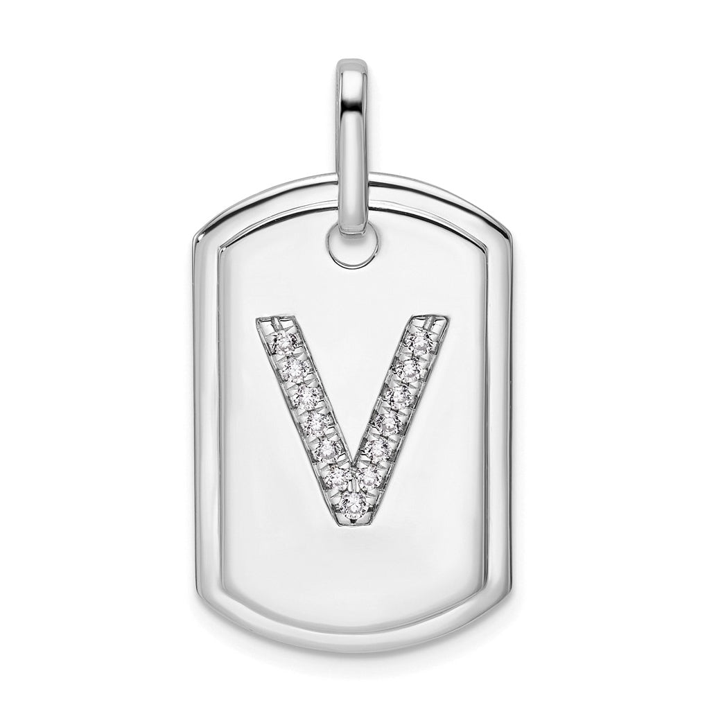 14K White Gold  Diamond Initial V Dog Tag Charm