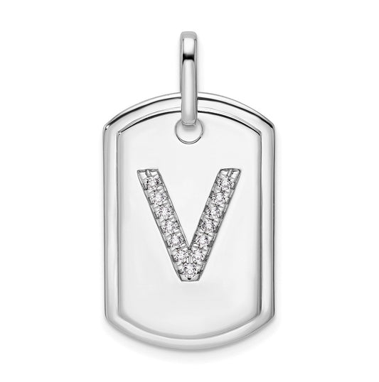 14K White Gold  Diamond Initial V Dog Tag Charm