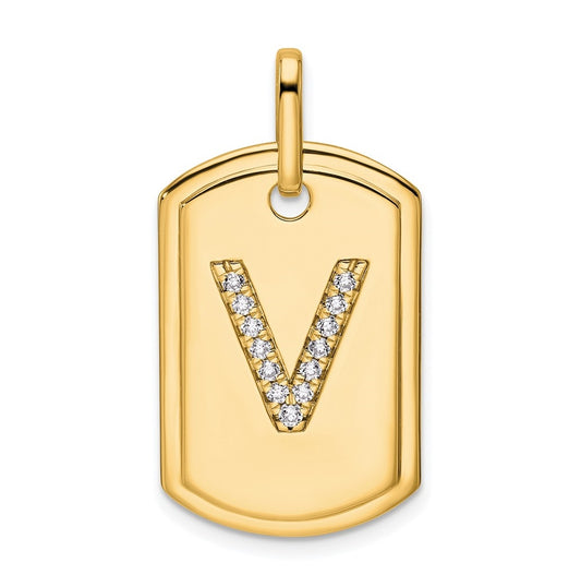14K Yellow Gold Diamond Initial V Dog Tag Charm