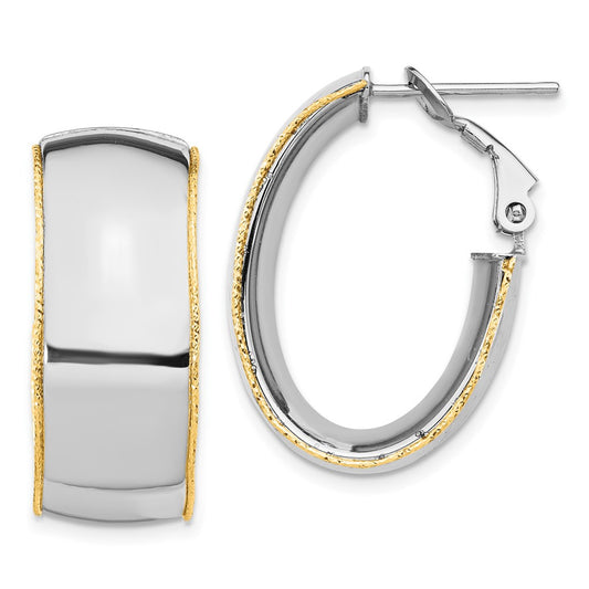 14k White Gold 9.5mm Polished with Yellow Gold Diamond Cut wire Accent Oval Hoop Earrings