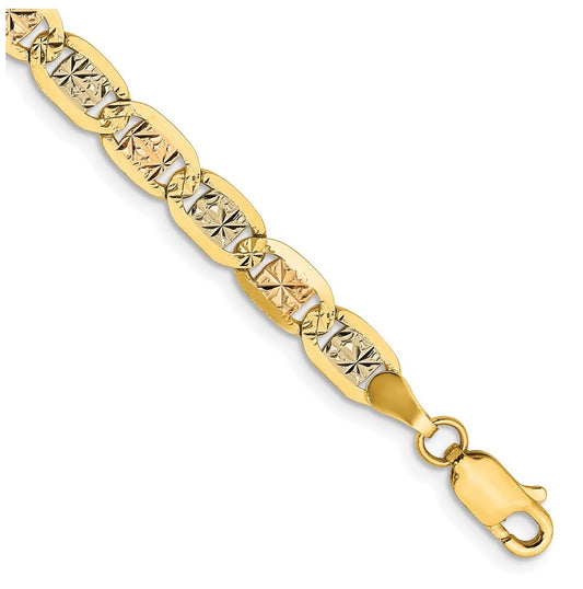 14K 7 inch 4.65mm Tri-color Pav‚ Valentino with Lobster Clasp Bracelet