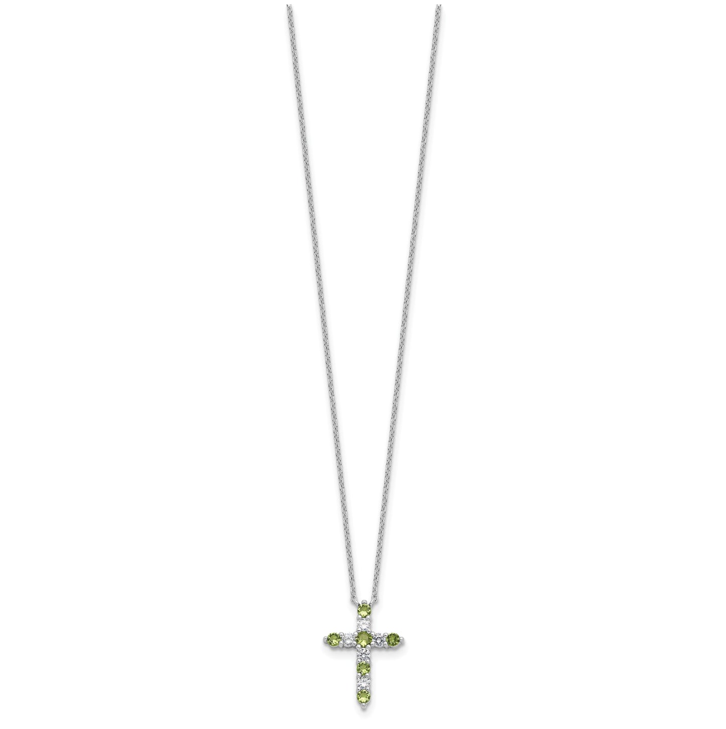 Sterling Silver Rhodium Plated Green Cubic Zirconia August Birthstone Cross with 2in ext Necklace