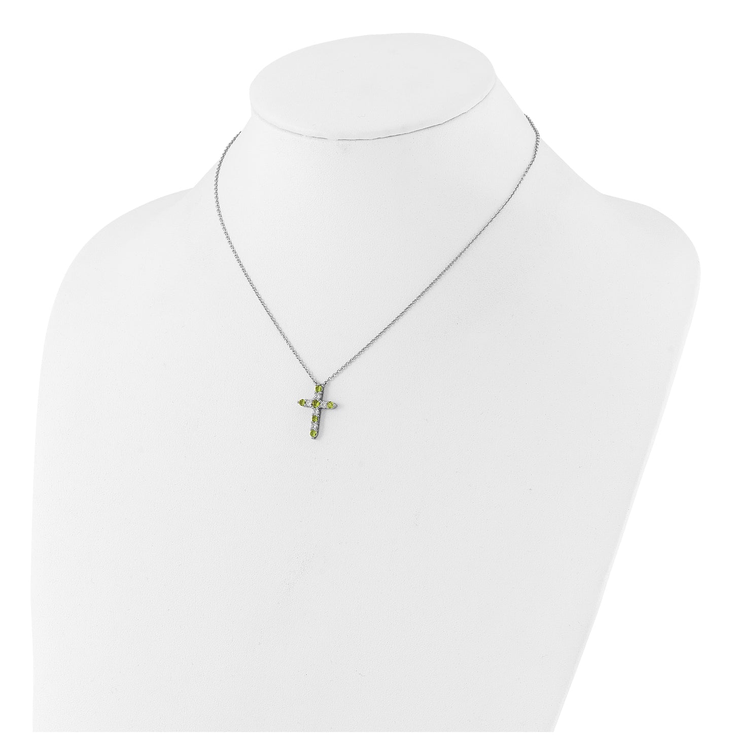 Sterling Silver Rhodium Plated Green Cubic Zirconia August Birthstone Cross with 2in ext Necklace