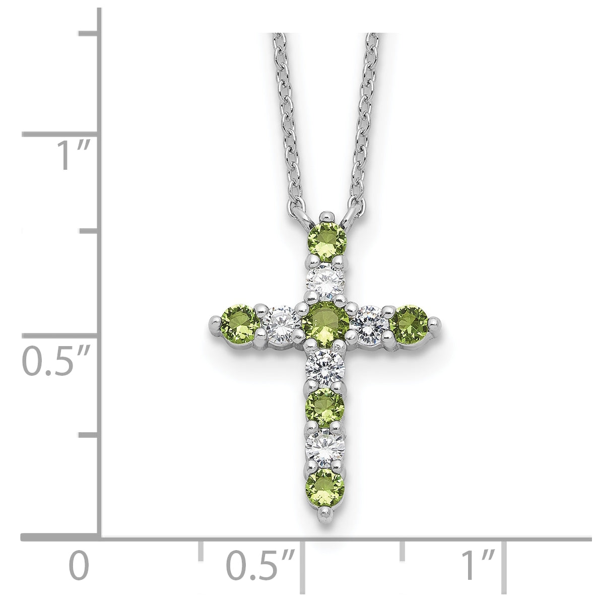 Sterling Silver Rhodium Plated Green Cubic Zirconia August Birthstone Cross with 2in ext Necklace
