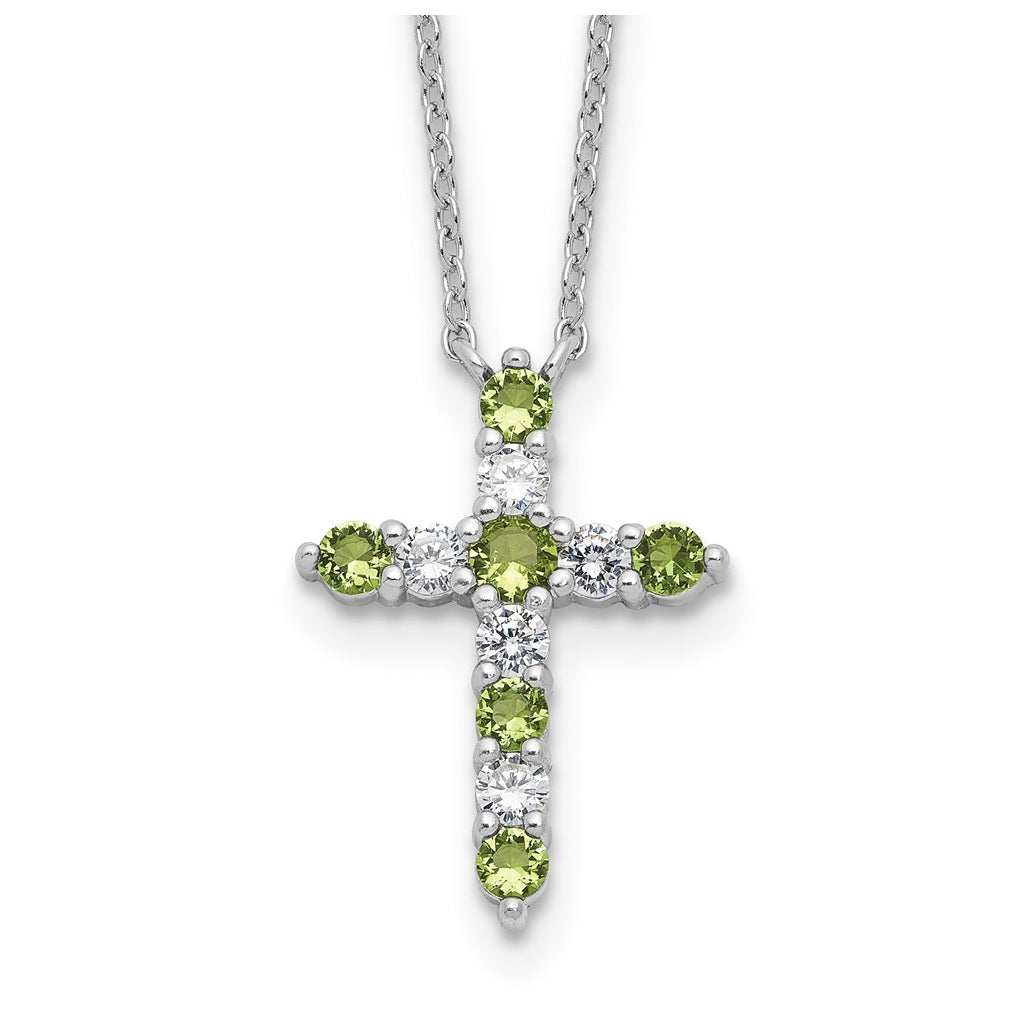 Sterling Silver Rhodium Plated Green Cubic Zirconia August Birthstone Cross with 2in ext Necklace