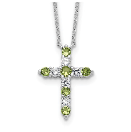 Sterling Silver Rhodium Plated Green Cubic Zirconia August Birthstone Cross with 2in ext Necklace