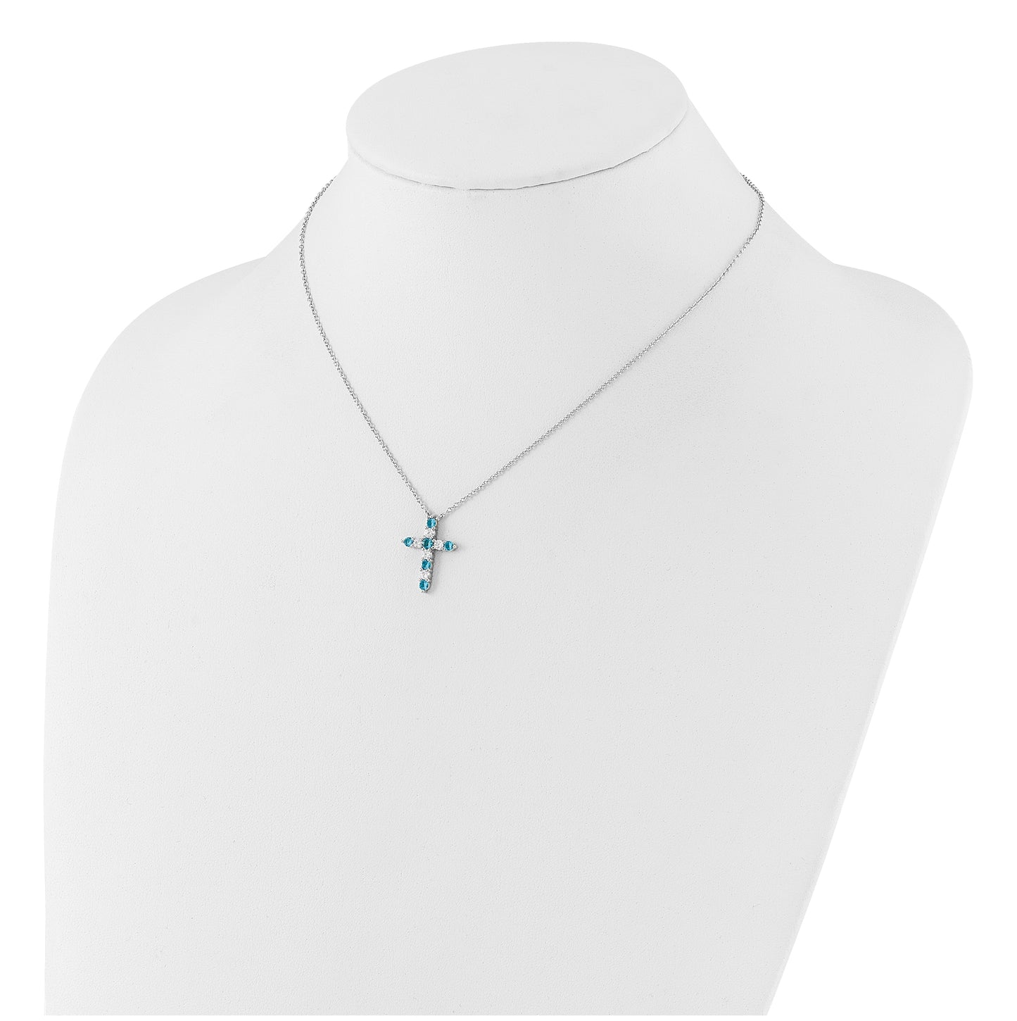 Sterling Silver Rhodium Plated Blue Cubic Zirconia December Birthstone Cross with 2in ext Necklace