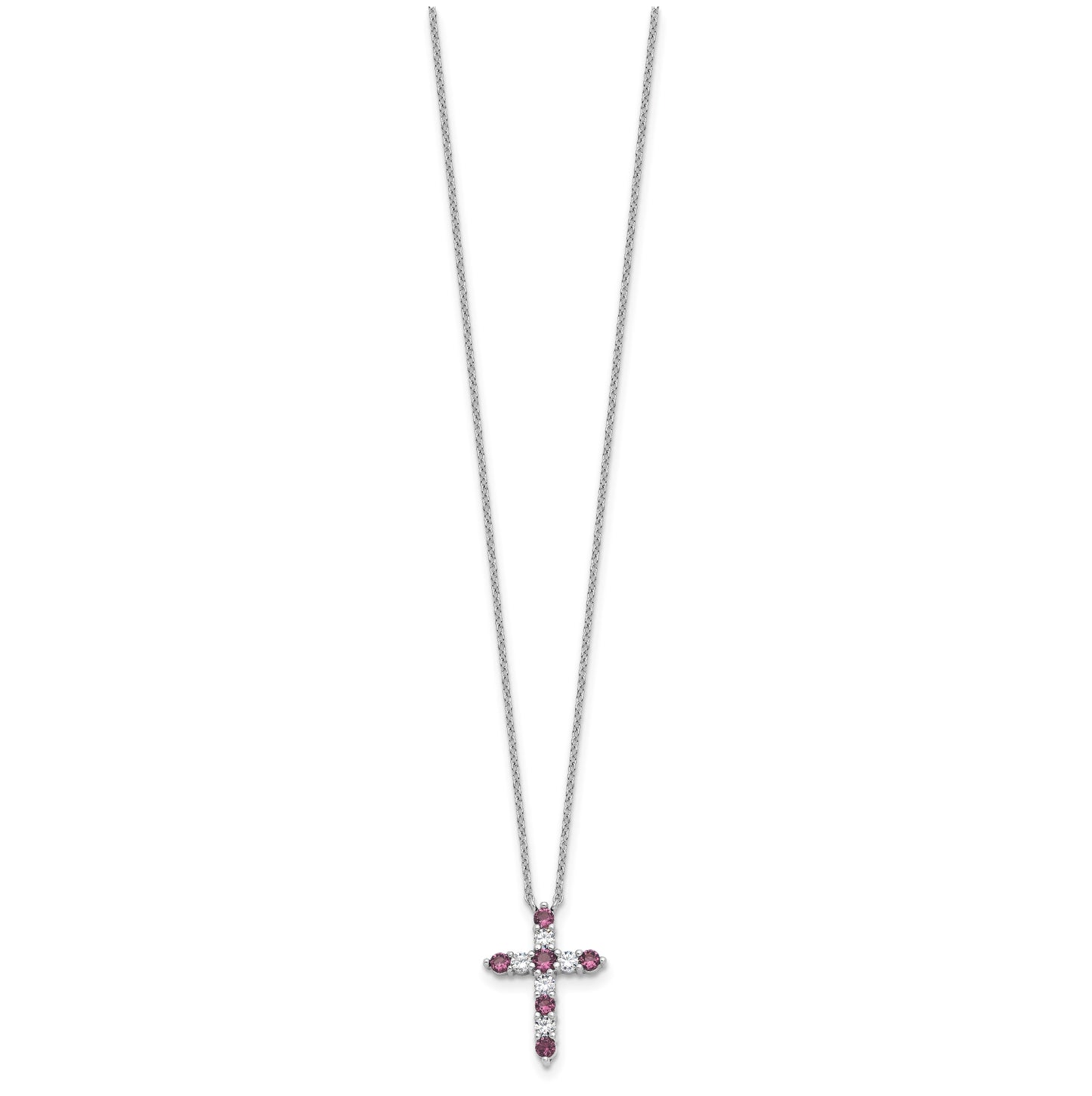 Sterling Silver Rhodium Plated Purple Cubic Zirconia February Birthstone Cross with 2in ext Necklace