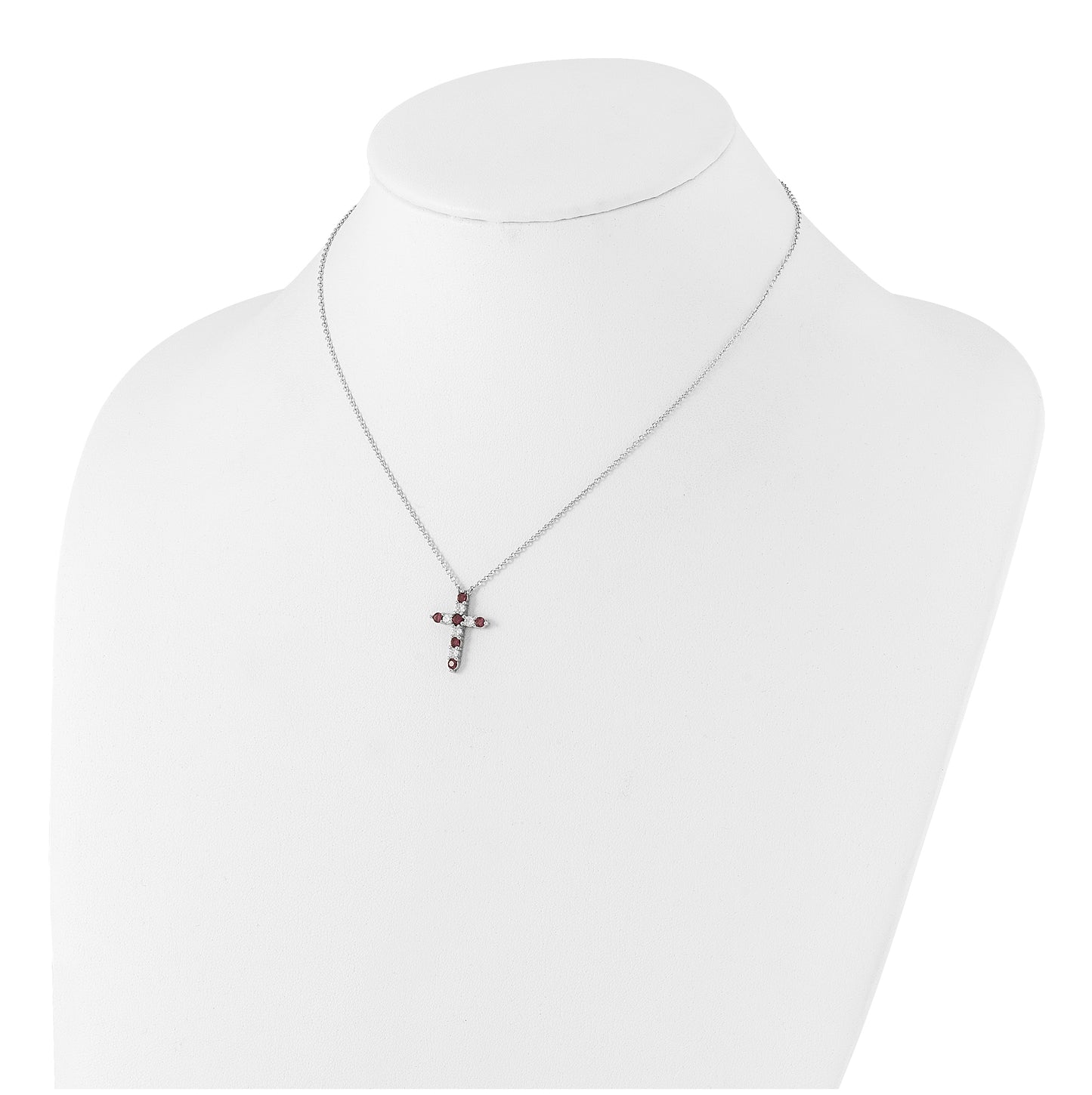 Sterling Silver Rhodium Plated Purple Cubic Zirconia February Birthstone Cross with 2in ext Necklace