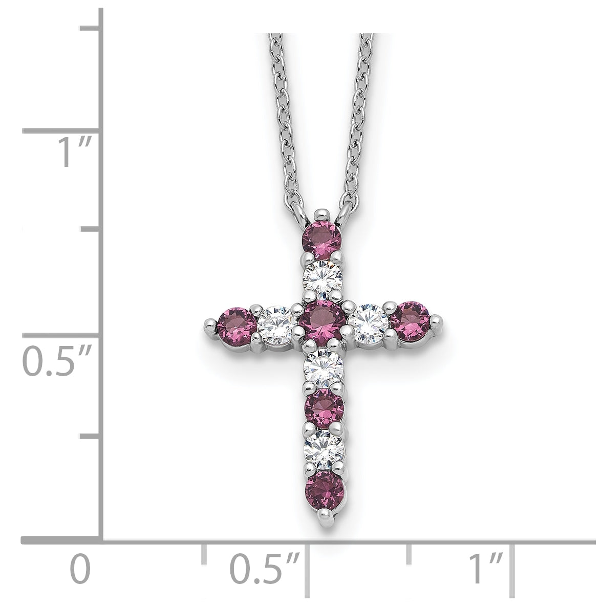 Sterling Silver Rhodium Plated Purple Cubic Zirconia February Birthstone Cross with 2in ext Necklace