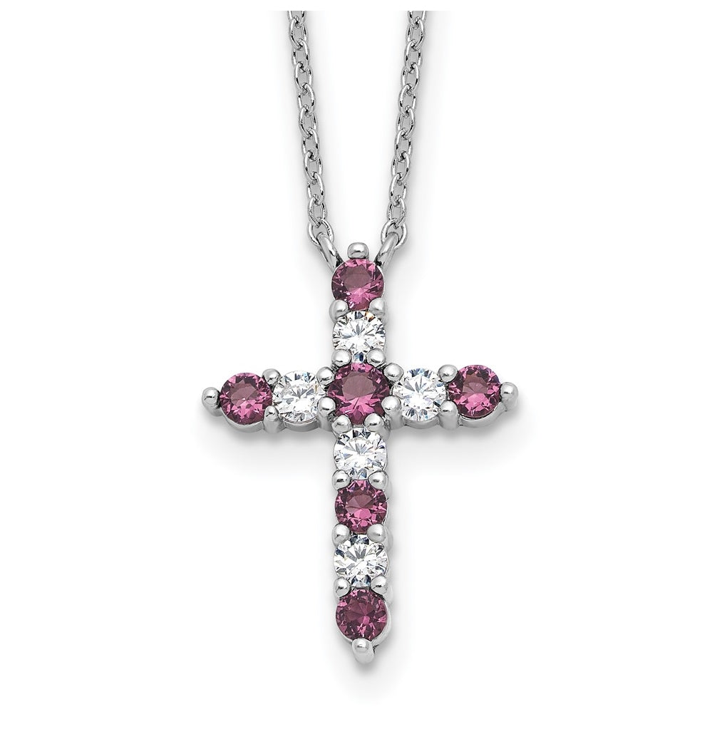 Sterling Silver Rhodium Plated Purple Cubic Zirconia February Birthstone Cross with 2in ext Necklace