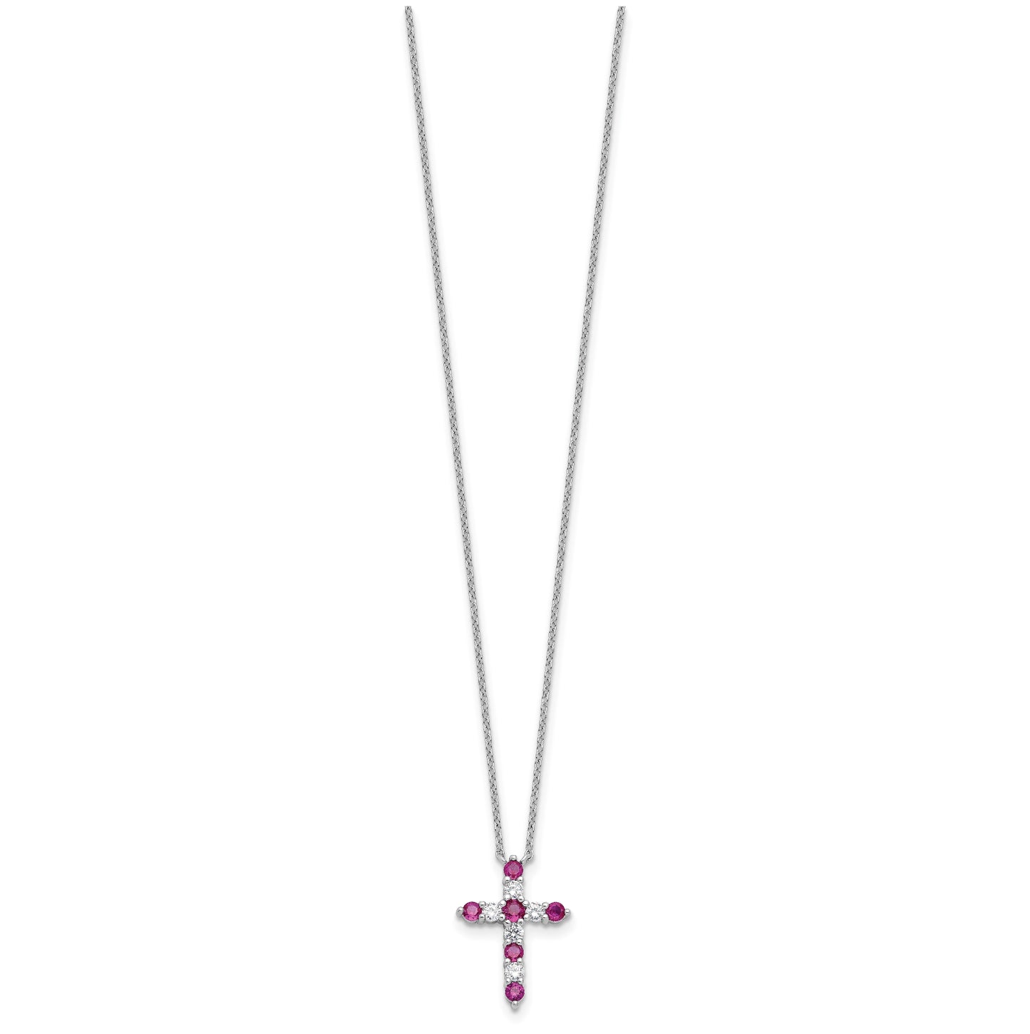 Sterling Silver Rhodium Plated Dark Pink Cubic Zirconia July Birthstone Cross with 2in ext Necklace