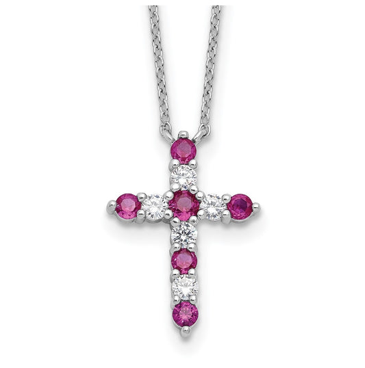 Sterling Silver Rhodium Plated Dark Pink Cubic Zirconia July Birthstone Cross with 2in ext Necklace