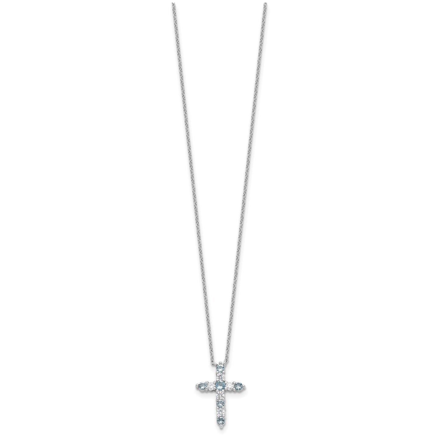 Sterling Silver Rhodium Plated Lt Blue Cubic Zirconia March Birthstone Cross with 2in ext Necklace