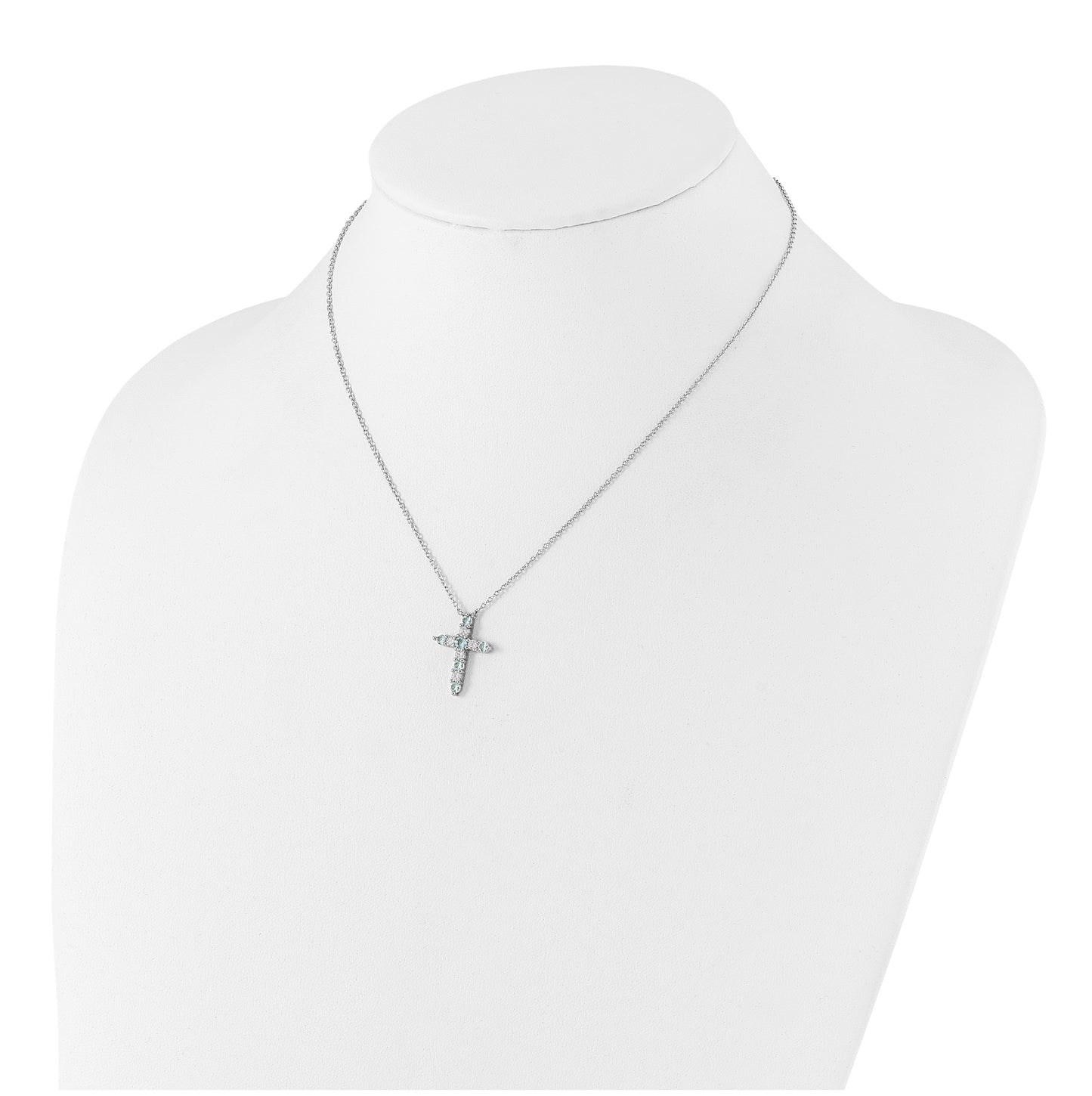 Sterling Silver Rhodium Plated Lt Blue Cubic Zirconia March Birthstone Cross with 2in ext Necklace