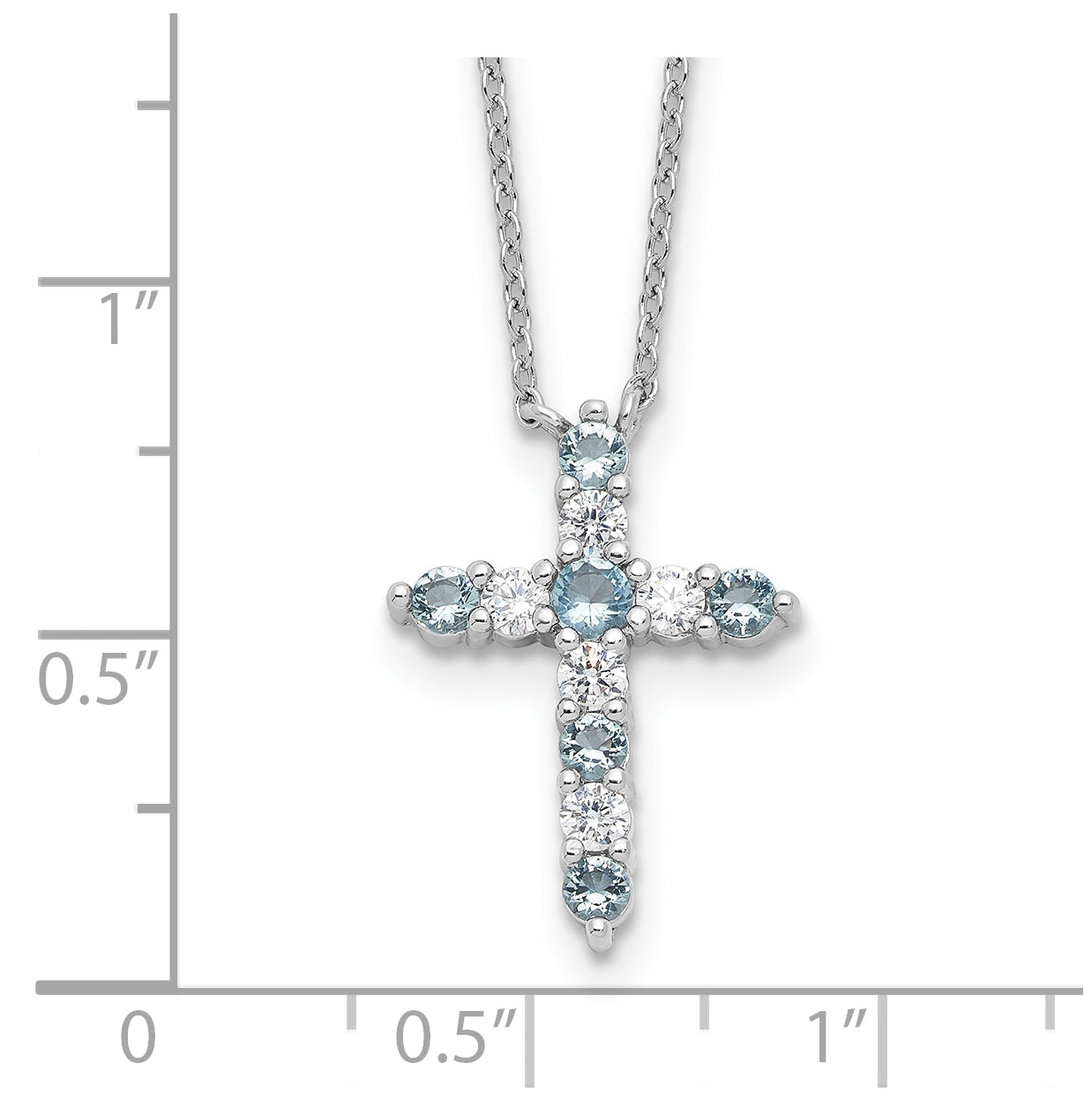 Sterling Silver Rhodium Plated Lt Blue Cubic Zirconia March Birthstone Cross with 2in ext Necklace