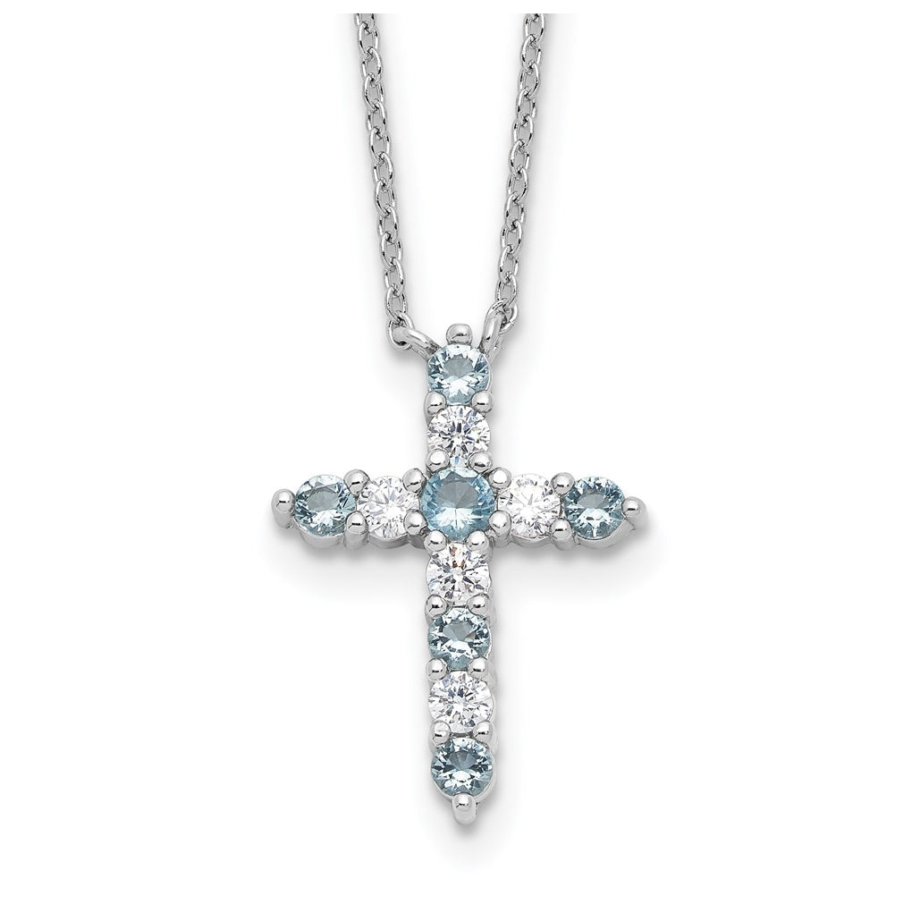 Sterling Silver Rhodium Plated Lt Blue Cubic Zirconia March Birthstone Cross with 2in ext Necklace