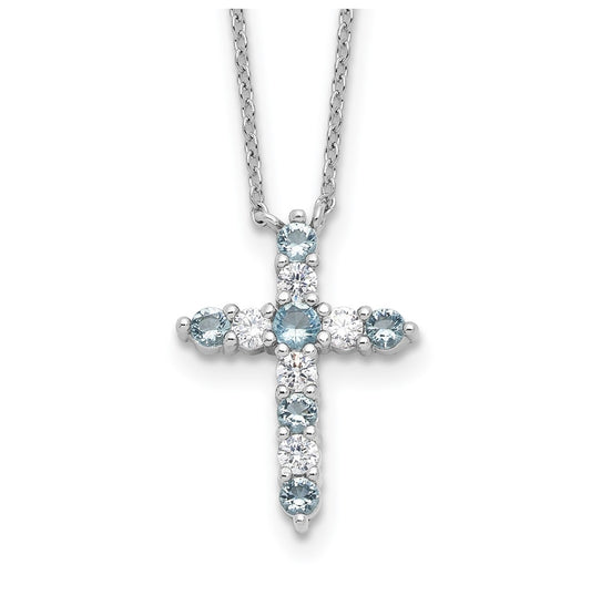 Sterling Silver Rhodium Plated Lt Blue Cubic Zirconia March Birthstone Cross with 2in ext Necklace