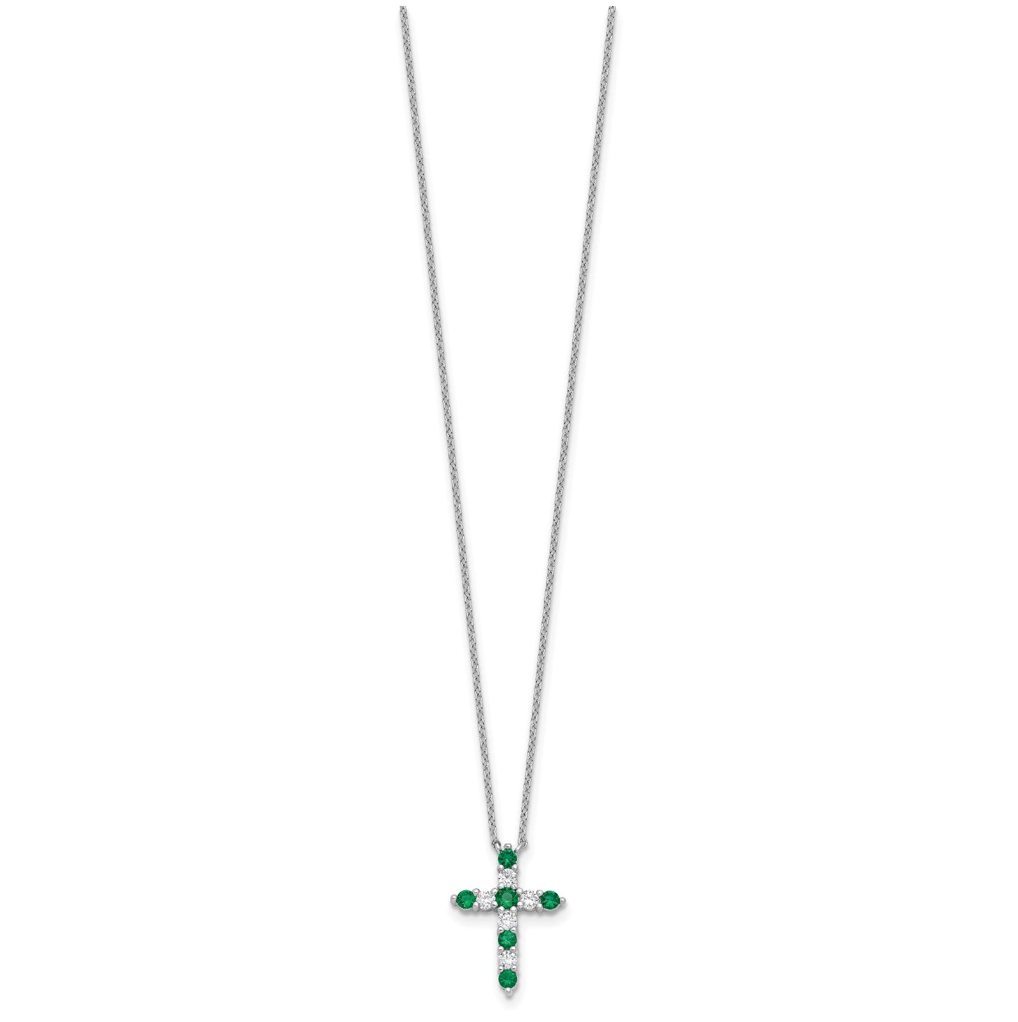 Sterling Silver Rhodium Plated Green Cubic Zirconia May Birthstone Cross with 2in ext Necklace