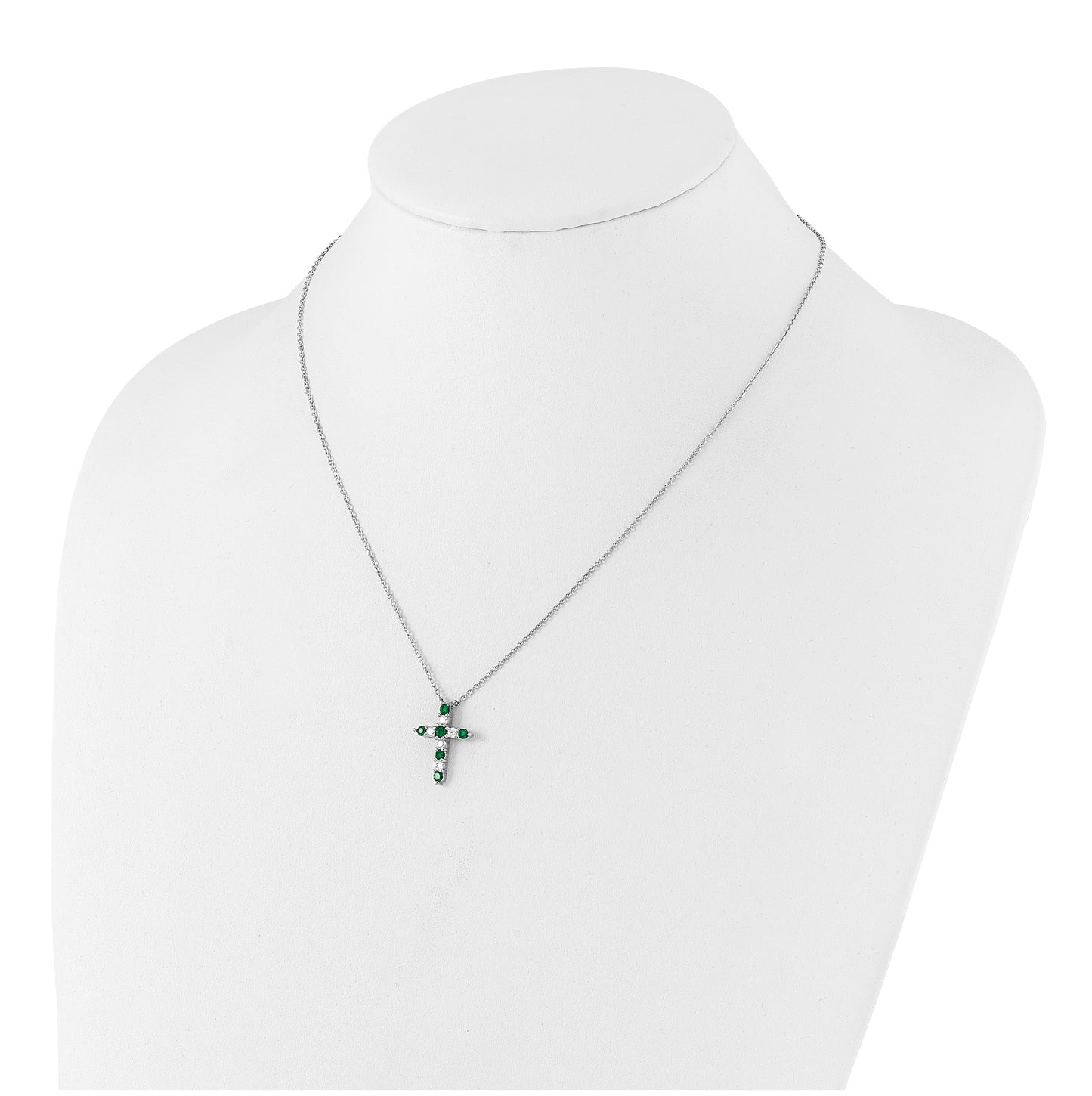 Sterling Silver Rhodium Plated Green Cubic Zirconia May Birthstone Cross with 2in ext Necklace