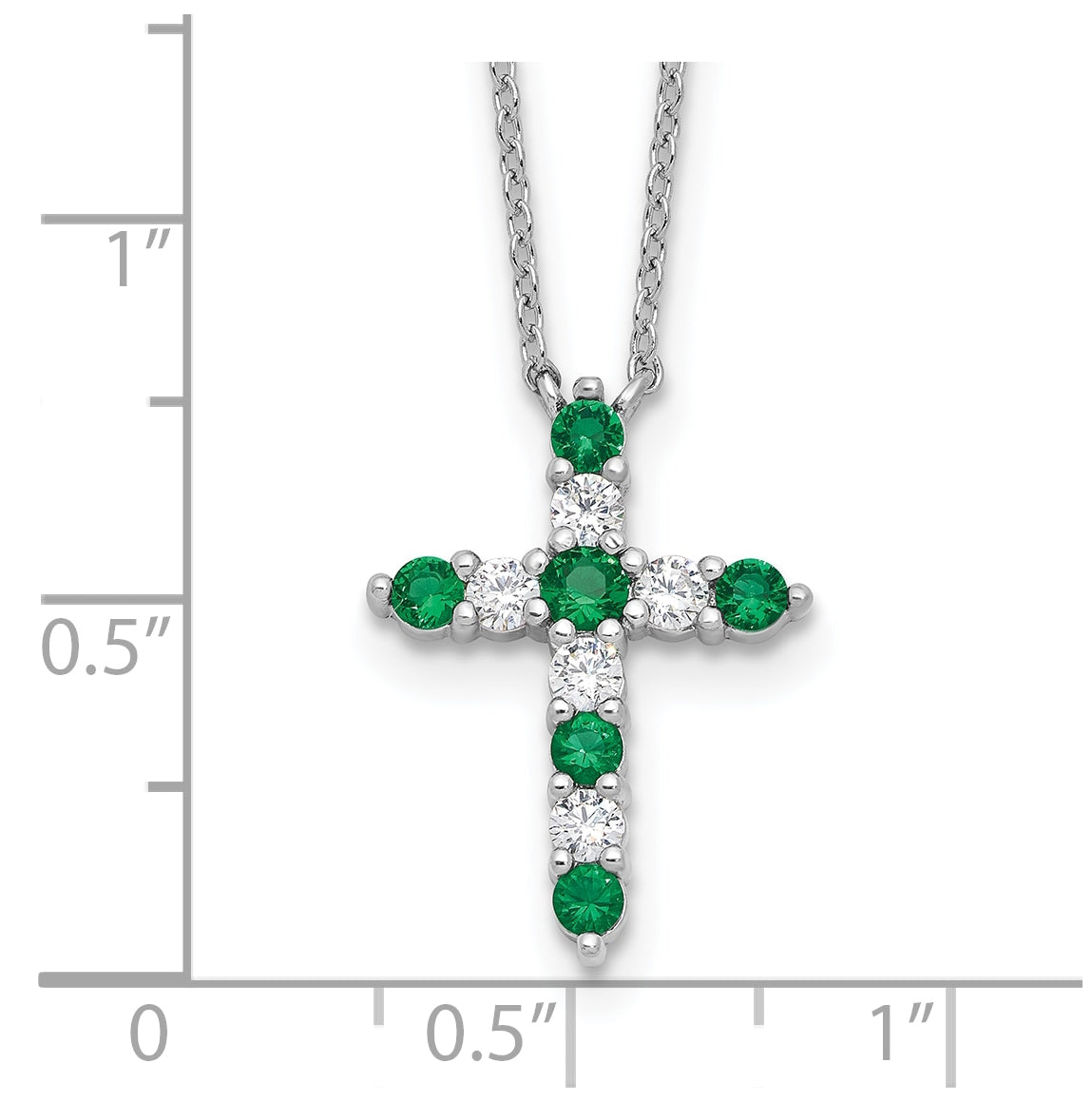 Sterling Silver Rhodium Plated Green Cubic Zirconia May Birthstone Cross with 2in ext Necklace