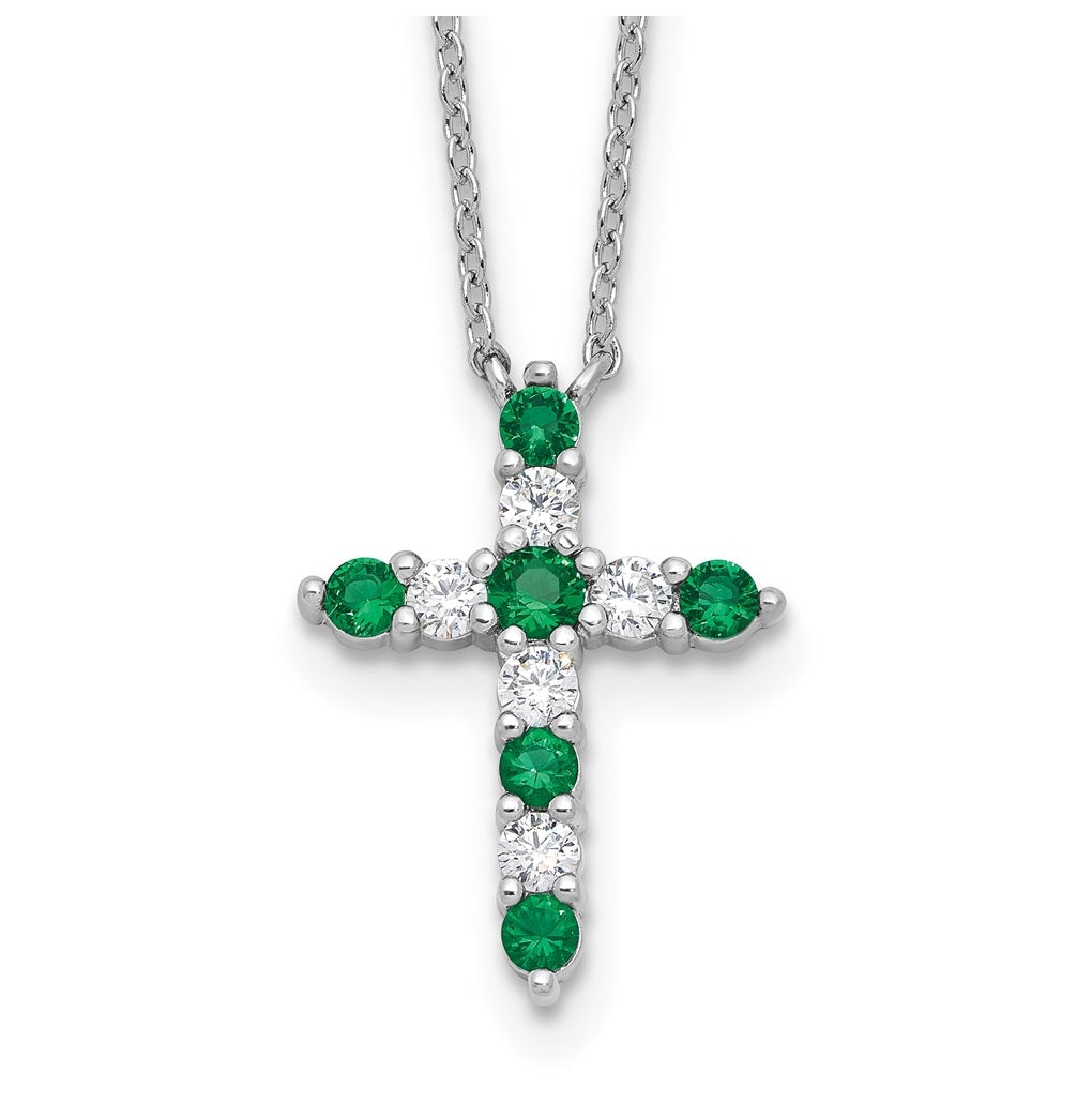 Sterling Silver Rhodium Plated Green Cubic Zirconia May Birthstone Cross with 2in ext Necklace