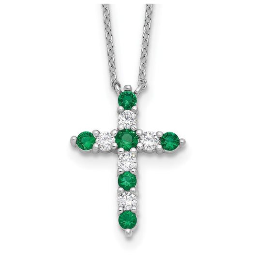 Sterling Silver Rhodium Plated Green Cubic Zirconia May Birthstone Cross with 2in ext Necklace