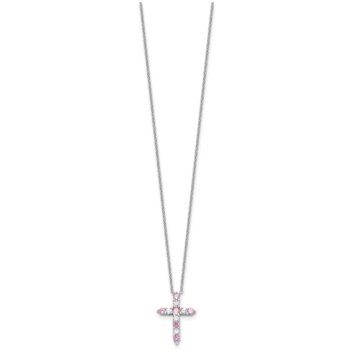 Sterling Silver Rhodium Plated Pink Cubic Zirconia October Birthstone Cross with 2in ext Necklace
