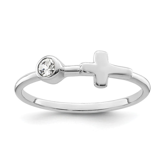 Sterling Silver Rhodium plated Polished Cross White Topaz Ring, Size 8