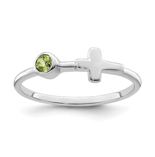 Sterling Silver Rhodium plated Polished Cross Peridot Ring, Size 8